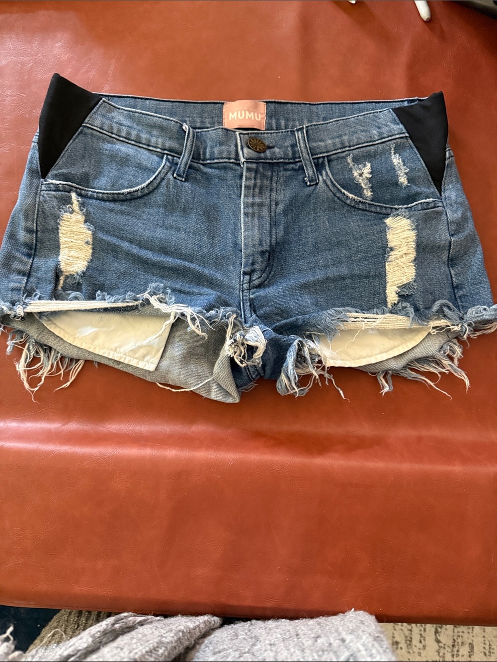 Show Me Your MuMu Blue Distressed Denim Cutoff Shorts with Black Side Panels